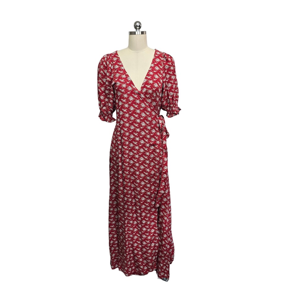 Natural Life Red Floral Wrap Maxi Dress Short Puff Sleeve V-Neck Size Small Boho
